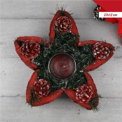 Picture of 27cm WOODEN/GLASS STAR CANDLE HOLDER WITH CHRISTMAS DECO RED