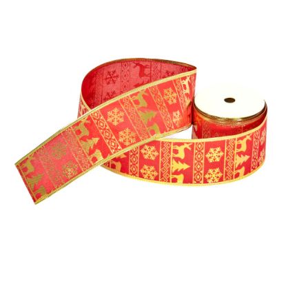 Picture of 63mm CHRISTMAS BURLAP WIRED EDGE RIBBON X 10yds REINDEER AND SNOWFLAKE RED/GOLD