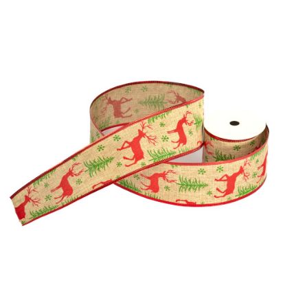 Picture of 63mm CHRISTMAS BURLAP WIRED EDGE RIBBON X 10yds REINDEER AND TREES NATURAL/RED/GREEN