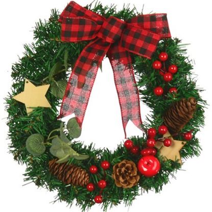 Picture of 30cm (12 INCH) CHRISTMAS WREATH WITH BOW STARS CONES AND BERRIES GREEN/RED