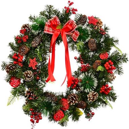 Picture of 60cm (24 INCH) CHRISTMAS WREATH WITH STARS CONES BERRIES AND BOW GREEN/RED