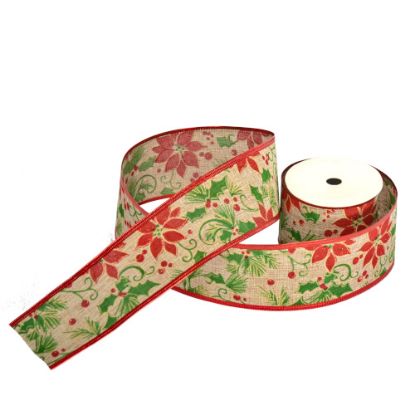 Picture of 63mm CHRISTMAS BURLAP WIRED EDGE RIBBON X 10yds POINSETTIAS NAT/RED/GREEN