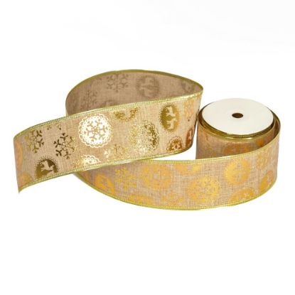 Picture of 63mm CHRISTMAS BURLAP WIRED EDGE RIBBON X 10yds REINDEER AND SNOWFLAKE NAT/GOLD