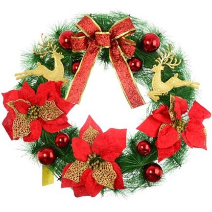 Picture of 45cm (18 INCH) CHRISTMAS WREATH WITH POINS REINDEER AND BOW RED/GOLD