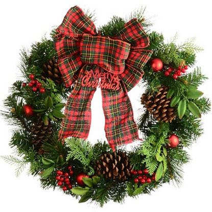 Picture of 50cm (20 INCH) CHRISTMAS SPRUCE WREATH WITH BERRIES CONES AND TARTAN BOW RED/GREEN