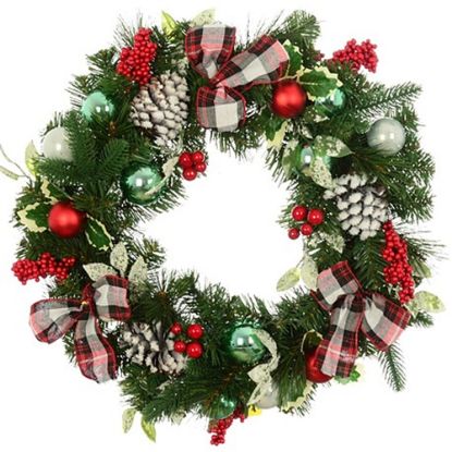 Picture of 50cm (20 INCH) CHRISTMAS SPRUCE WREATH WITH SNOW CONES BERRIES AND BAUBLES RED/GREEN