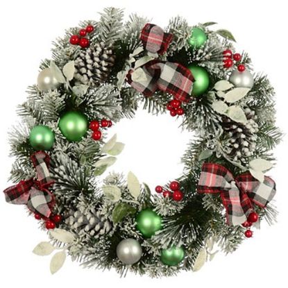 Picture of 50cm (20 INCH) SNOWY CHRISTMAS SPRUCE WREATH WITH CONES BERRIES AND BAUBLES WHITE/RED/GREEN