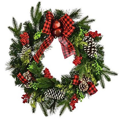 Picture of 50cm (20 INCH) CHRISTMAS SPRUCE AND PINE WREATH WITH SNOW CONES BELL AND TARTAN BOW RED/GREEN