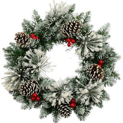Picture of 50cm (20 INCH) SNOWY CHRISTMAS SPRUCE AND PINE WREATH WITH CONES AND BERRIES GREEN/RED
