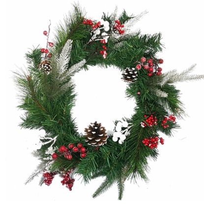 Picture of 60cm (24 INCH) CHRISTMAS SPRUCE AND PINE WREATH WITH CONES AND BERRIES RED/WHITE