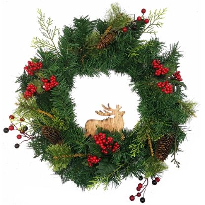 Picture of 60cm (24 INCH) CHRISTMAS SPRUCE WREATH WITH REINDEER CONES AND BERRIES RED/GREEN