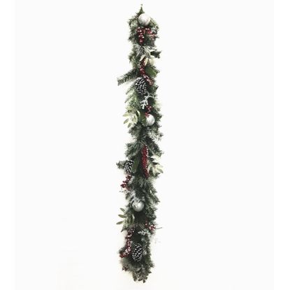 Picture of 6ft SPRUCE GARLAND WITH SNOW CONES BALLS AND BERRIES RED/SILVER/GREEN