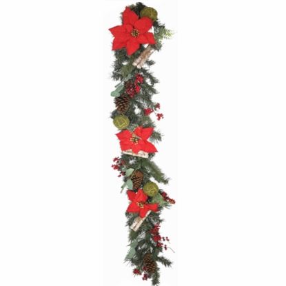 Picture of 6ft SPRUCE AND PINE GARLAND WITH POINSETTIAS SCROLLS CONES AND BERRIES RED/NAT/GREEN