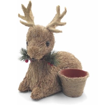 Picture of 33cm LARGE NATURAL STRAW SITTING REINDEER WITH PLASTIC POT