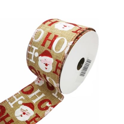 Picture of FABRIC WIRED EDGE CHRISTMAS RIBBON 63mm X 10yds HO HO HO SANTA NAT/RED