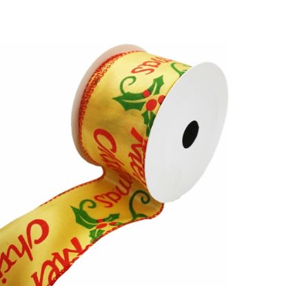 Picture of CHRISTMAS FABRIC WIRED EDGE RIBBON 63mm X 10yds MERRY CHRISTMAS GOLD/RED/GREEN