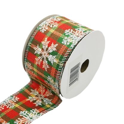 Picture of FABRIC WIRED EDGE CHRISTMAS RIBBON 63mm X 10yds TARTAN SNOWFLAKE RED/GRN/WHT