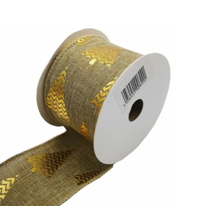 Picture of FABRIC WIRED EDGE CHRISTMAS RIBBON 63mm X 10yds TREES GREY/GOLD/SILVER