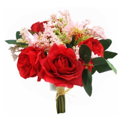 Picture of 22cm MINI ROSE AND ROSEBUD BUNDLE WITH FOLIAGE RED