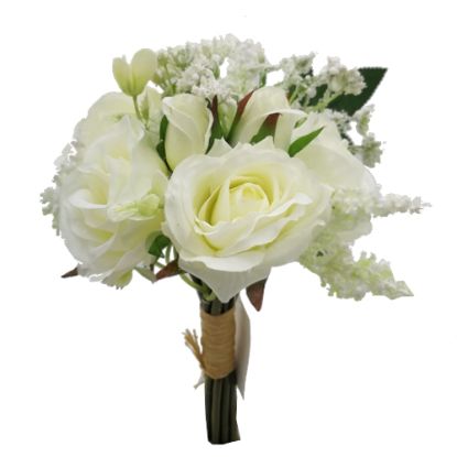 Picture of 22cm MINI ROSE AND ROSEBUD BUNDLE WITH FOLIAGE IVORY