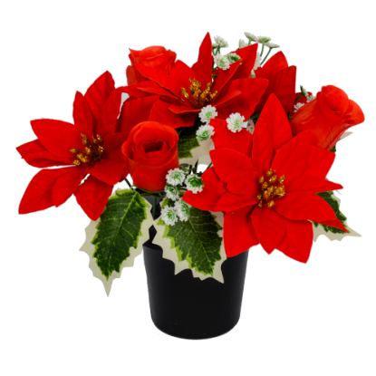 Picture of POINSETTIA ROSEBUD AND HOLLY CEMETERY POT RED