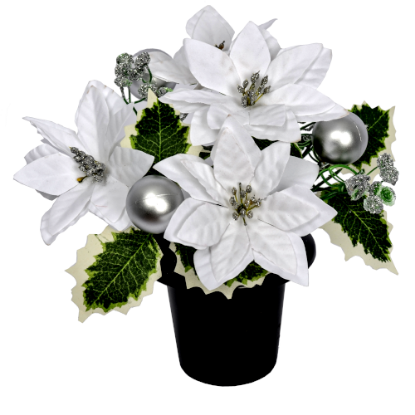 Picture of POINSETTIA BAUBLE AND HOLLY CEMETERY POT WHITE/SILVER