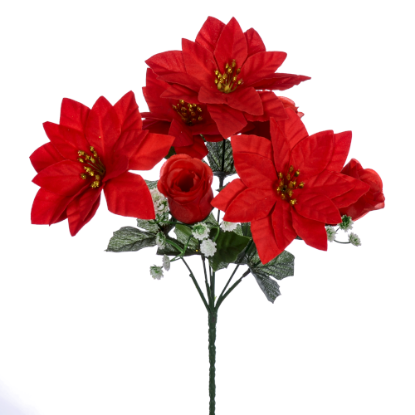 Picture of 30cm POINSETTIA AND ROSEBUD BUSH (7 HEADS) RED/WHITE