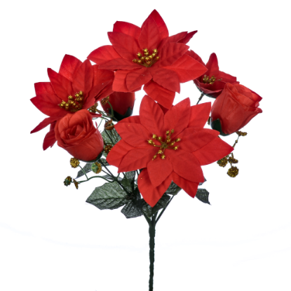 Picture of 30cm POINSETTIA AND ROSEBUD BUSH (7 HEADS) RED/GOLD