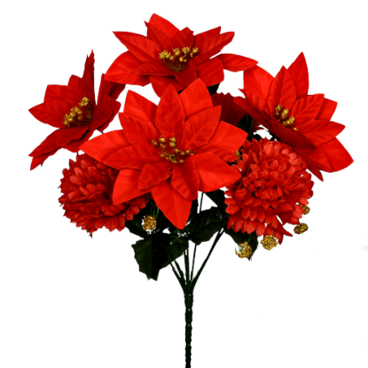 Picture of 30cm POINSETTIA AND CHRYSANTHEMUM BUSH (7 HEADS) RED/GOLD