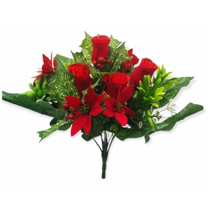Picture of 40cm LARGE POINSETTIA ROSEBUD AND HOLLY MIXED BUSH RED