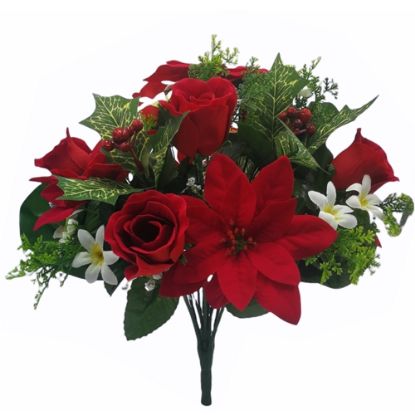 Picture of 38cm LARGE POINSETTIA ROSEBUD AND HOLLY MIXED BUSH RED