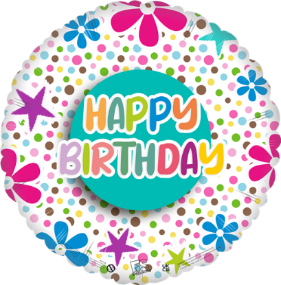 Picture of FS BALLOONS 18 INCH HOLOGRAPHIC FOIL BALLOON - HAPPY BIRTHDAY FLOWERS STARS AND DOTS