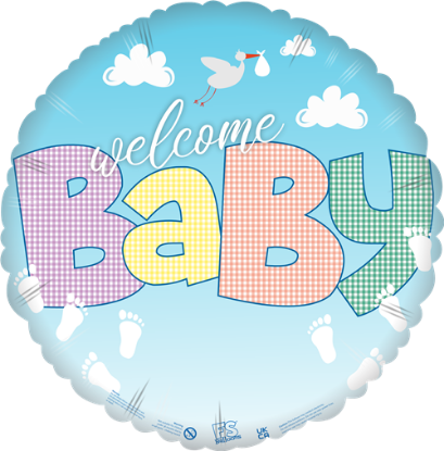 Picture of FS BALLOONS 18 INCH HOLOGRAPHIC FOIL BALLOON - GENERIC BABY BOY/GIRL GINGHAM BABY STORK AND CLOUDS
