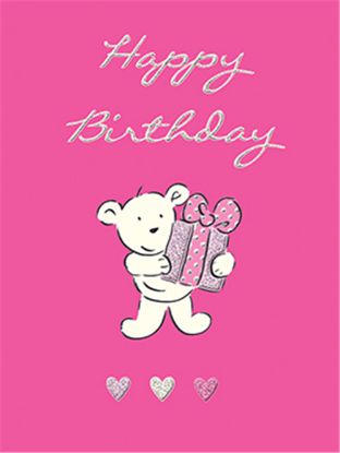 Picture of 10cm MINI GIFT CARD X 6pcs - HAPPY BIRTHDAY BEAR WITH GIFT PINK