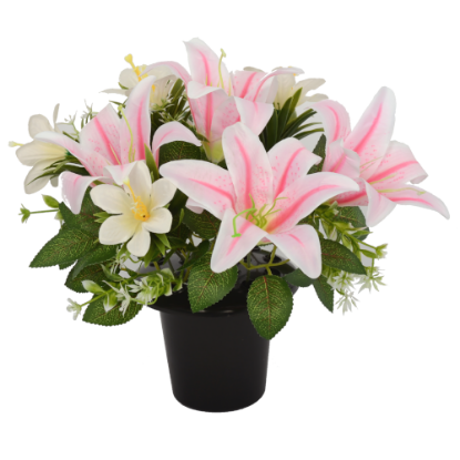 Picture of CEMETERY POT WITH LILLIES AND FOLIAGE PINK/IVORY