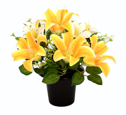 Picture of CEMETERY POT WITH LILLIES AND FOLIAGE YELLOW/IVORY