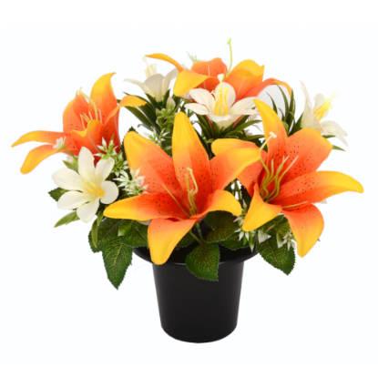 Picture of CEMETERY POT WITH LILLIES AND FOLIAGE ORANGE/IVORY