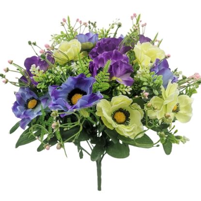 Picture of 40cm ANEMONE BUSH WITH FERN AND BERRIES IVORY/VIOLET/BLUE