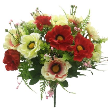 Picture of 40cm ANEMONE BUSH WITH FERN AND BERRIES IVORY/RED/CREAM