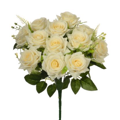 Picture of 36cm DIAMOND ROSE BUSH WITH FERN (12 HEADS) IVORY