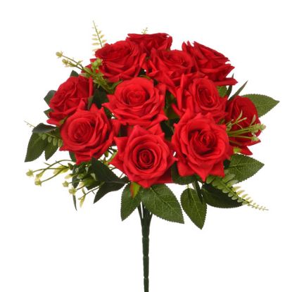 Picture of 36cm DIAMOND ROSE BUSH WITH FERN (12 HEADS) RED