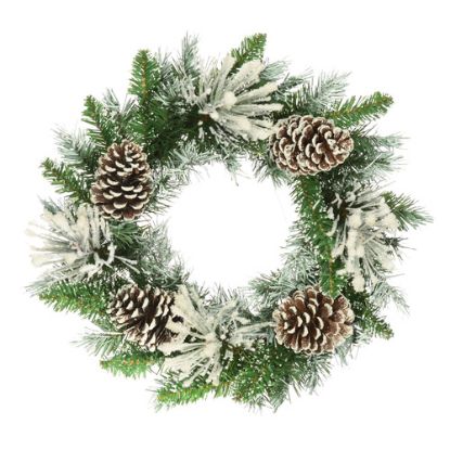 Picture of 40cm (16 INCH) SNOWY CHRISTMAS SPRUCE AND PINE WREATH WITH CONES GREEN/WHITE