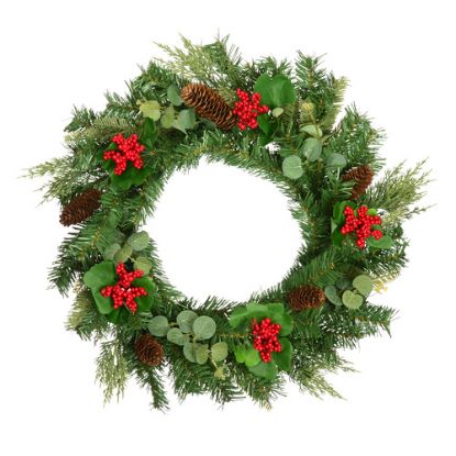 Picture of 60cm (24 INCH) CHRISTMAS SPRUCE WREATH WITH BERRIES CONES AND EUCALYPTUS GREEN/RED