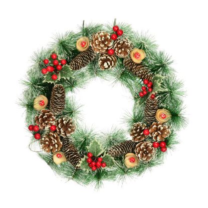 Picture of 50cm (20 INCH) CHRISTMAS PINE WREATH WITH SNOW CONES HOLLY AND BERRIES GREEN