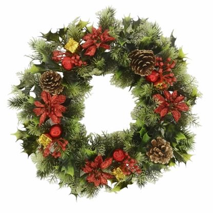 Picture of 18 INCH LARGE PLASTIC HOLLY WREATH WITH GLITTER POINSETTIAS RED