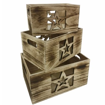 Picture of SET OF 3 WOODEN BOXES WITH STAR DECO BROWN
