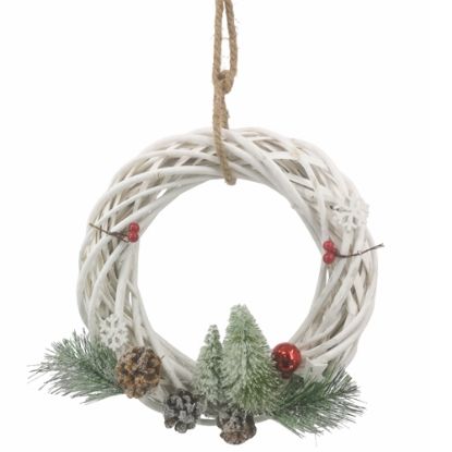 Picture of 30cm (12 INCH) WHITE WILLOW WREATH WITH CHRISTMAS DECO