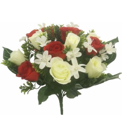 Picture of 35cm ROSEBUD AND FOLIAGE BUSH IVORY/RED