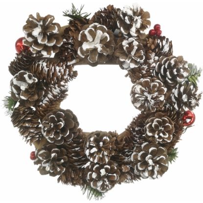 Picture of 30cm NATURAL CONE WREATH WITH SNOW BAUBLES AND BERRIES
