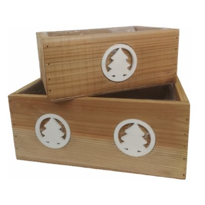 Picture of SET OF 2 WOODEN RECTANGULAR PLANTER WITH XMAS DECO NATURAL